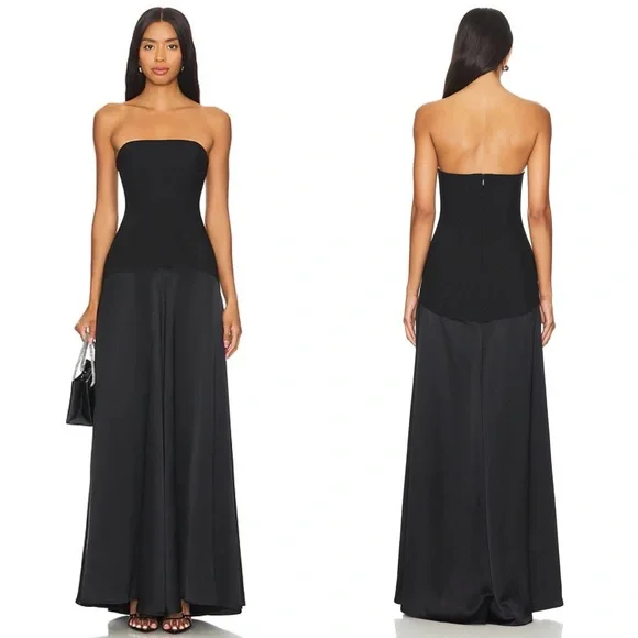 Shona Joy Adri Drop Waist Strapless Paneled Maxi Dress Gown Black NEW with tags